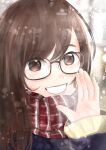  1girl :d absurdres blue_jacket blurry blurry_background brown-framed_eyewear brown_hair commentary_request day glasses highres jacket kyabetsu_ningen lips long_hair long_sleeves looking_at_viewer mole open_mouth original outdoors portrait red_scarf scarf sleeves_past_wrists smile solo striped_clothes striped_scarf sweater teeth yellow_sweater 