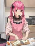  1girl absurdres apron black_bow black_bowtie black_nails blunt_bangs blush bow bowtie closed_mouth commentary_request cutting_board fang food hair_bow highres hinamizawa_hinami holding holding_knife jirai_kei kitchen kitchen_knife knife lace_shirt long_hair microwave multiple_hair_bows nail_polish off-shoulder_shirt off_shoulder original pink_eyes radish see-through see-through_shirt shirt sleeveless sleeveless_shirt smile tetto_(onnoveltet) 