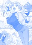  ! 1girl :d ^^^ blue_theme breasts cellphone character_request coat commentary_request crowd denim earmuffs fur-trimmed_coat fur_trim getsuyoubi_no_tawawa gimai-chan_(tawawa) highres himura_kiseki holding holding_phone jeans large_breasts long_sleeves monochrome open_clothes open_coat open_mouth outdoors pants phone short_hair smile snow spoken_exclamation_mark sweater turtleneck turtleneck_sweater 