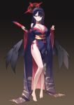  1girl absurdres alternate_costume barefoot black_hair black_kimono black_wings blue_archive blush breasts cleavage collarbone feathered_wings halo highres holding holding_paddle ichika_(blue_archive) japanese_clothes kimono large_breasts looking_at_viewer obi paddle red_halo sash sbgu single_bare_leg single_bare_shoulder smile solo toes wide_sleeves wings yukata 