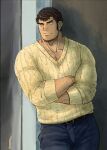  1boy alternate_costume arm_hair bara brown_hair bulge casual chest_hair cowboy_shot crossed_arms denim facial_hair goatee jeans kengo_(tokyo_houkago_summoners) kumagamike leaning_back long_sideburns looking_to_the_side male_cleavage male_focus mature_male muscular muscular_male pants pectorals short_hair sideburns sleeves_rolled_up solo stomach stubble sweater tokyo_houkago_summoners yellow_sweater 