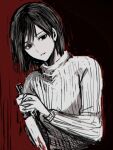  1girl angela_orosco blood blood_on_weapon head_tilt holding holding_knife knife long_sleeves miichinori monochrome parted_lips red_background ribbed_sweater short_hair silent_hill_(series) silent_hill_2 solo spot_color sweater upper_body weapon 