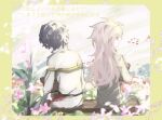  2boys capelet chinese_commentary commentary_request day flower_pot garden gold_trim hatsutori_hajime highres holding holding_flower_pot jiekuijiangshadaonijiamenkou long_hair long_sleeves male_focus multiple_boys on_bench outdoors pants pink_hair red_eyes red_pants saibou_shinkyoku shirt sitting translation_request utsugi_noriyuki white_capelet white_shirt 