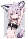  1girl absurdres ahoge animal_ears arknights armpits arms_behind_head arms_up beudelb bikini black_bikini blue_eyes breasts closed_mouth commentary cropped_torso fox_ears fox_girl fox_tail hair_between_eyes hair_ornament hairclip highres looking_at_viewer medium_hair official_alternate_costume oripathy_lesion_(arknights) purple_hair small_breasts solo sussurro_(arknights) sussurro_(summer_flower)_(arknights) swimsuit tail 