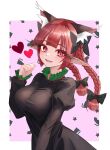  1girl absurdres animal_ears black_bow bow braid cat_ears dress extra_ears fang frilled_dress frills green_dress hair_bow highres kaenbyou_rin long_eyelashes nekomata pointy_ears red_hair slit_pupils smile solo sugar_you touhou twin_braids 