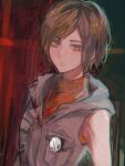  1girl bare_shoulders blonde_hair blood blood_on_clothes brown_eyes expressionless freckles heather_mason jacket looking_at_viewer miichinori orange_shirt shirt short_hair silent_hill_(series) silent_hill_3 sleeveless solo turtleneck upper_body white_jacket 