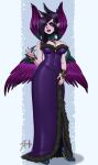  1girl artist_name bare_shoulders black_hair breasts cleavage covered_navel dress fingernails full_body fur-trimmed_dress fur_trim grey_background high_heels highres large_breasts league_of_legends long_hair makeup morgana_(league_of_legends) pink_eyes pointy_ears purple_dress purple_wings sharp_fingernails shoes solo standing white_background wings xinaelle 