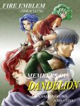  1girl 3boys blue_hair carrying carrying_over_shoulder carrying_person character_name copyright_name dress fire_emblem fire_emblem:_thracia_776 green_eyes green_hair holding holding_sword holding_weapon looking_back multiple_boys open_mouth orange_dress orange_vest perne_(fire_emblem) salem_(fire_emblem) sword tina_(fire_emblem) troude_(fire_emblem) usachu_now vest weapon 