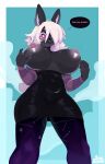 2024 5_fingers absurd_res anthro areola arm_warmers armwear aster_(mewgle) big_breasts black_body black_fur border breasts buckteeth clothed clothing dialogue dress erect_nipples female fingers fur hair hair_over_eye hi_res huge_breasts lagomorph leggings legwear leporid long_hair mammal navel_outline nipples one_eye_obstructed open_mouth purple_eyes rabbit seyferwolf signature simple_background solo speech_bubble standing teeth topless white_hair
