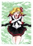  1girl angry bishoujo_senshi_sailor_moon black_skirt blonde_hair bow brooch circlet crossed_arms elbow_gloves gloves greyscale hair_bow hair_ribbon highres jewelry leotard looking_at_viewer monochrome open_mouth pleated_skirt red_eyes ribbon rumia rumiak sailor_collar sailor_senshi_uniform short_hair skirt touhou traditional_media white_gloves white_leotard 