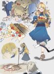  3girls ambrosia_(dungeon_meshi) black_fur black_hair blonde_hair blue_robe braid cake cat_girl cherry choker dungeon_meshi elf falin_thorden food fruit gapamopa green_eyes highres holding holding_staff holding_tray izutsumi long_hair magic_circle marcille_donato multiple_girls musical_note parfait pointy_ears red_choker robe sandals short_hair spoken_musical_note staff sweatdrop tray 