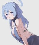  1girl ako_(blue_archive) ako_(dress)_(blue_archive) backless_dress backless_outfit bare_shoulders blue_archive blue_dress blue_eyes blue_hair blush breasts cleavage dress hair_between_eyes hairband halo large_breasts looking_at_viewer medium_hair sideboob skeptycally smile solo 