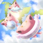  closed_mouth cloud colored_skin day flying happy highres holding hoppip inflatable_toy innertube no_humans open_mouth outdoors palafin pink_skin pokemon pokemon_(creature) pokemon_hgss sasabunecafe sky smile spheal sun swim_ring twitter_username yellow_eyes 