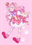  1girl :3 blonde_hair clenched_hand crown cure_wonderful dot_nose dress floating hand_up heart highres inukai_komugi layered_dress legs_apart long_hair looking_at_viewer magical_girl multicolored_hair mznk_81 open_mouth outline paw_print pink_background pink_footwear pink_hair precure puffy_short_sleeves puffy_sleeves purple_eyes purple_thighhighs red_dress red_footwear short_dress short_sleeves simple_background solo spoken_heart thighhighs two-tone_hair two-tone_thighhighs two_side_up white_outline wonderful_precure! yellow_thighhighs 