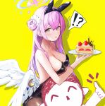  !? 1boy 1girl absurdres angel_wings animal_ears black_leotard black_pantyhose blue_archive blush breasts cake cake_slice cleavage crescent crescent_pin dana_(hapong07) doodle_sensei_(blue_archive) earrings fake_animal_ears feathered_wings food hair_between_eyes halo highres holding holding_plate jewelry large_breasts leotard long_hair looking_at_viewer mika_(blue_archive) open_mouth pantyhose pink_hair pink_halo plate rabbit_ears sensei_(blue_archive) simple_background strapless strapless_leotard white_wings wings yellow_background yellow_eyes 