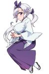  1girl breasts commentary_request from_side full_body hairband hakama huge_breasts japanese_clothes long_hair mucha_(muchakai) original ponytail profile purple_eyes purple_hairband purple_hakama sandals socks solo steepled_fingers very_long_hair white_hair white_socks wide_sleeves 