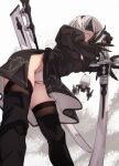  1girl 2b_(nier:automata) black_dress black_gloves black_thighhighs blindfold breasts commentary_request dress fu-ta gloves highres holding holding_sword holding_weapon leotard long_sleeves medium_breasts mole mole_under_mouth nier:automata nier_(series) pod_(nier:automata) short_hair solo standing sword thighhighs thighs weapon white_hair white_leotard 