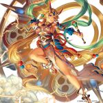  1girl absurdly_long_hair armor armpits artist_request bandaged_arm bandages blonde_hair breasts cleavage_cutout clothing_cutout company_name dark_skin dark_skinned_female dual_wielding earrings elbow_gloves full_body gloves glowing grin holding holding_weapon japanese_armor jewelry kamihime_project kusazuri large_breasts long_hair looking_at_viewer low-tied_long_hair object_request official_art pelvic_curtain pointy_ears purple_eyes raikou_(kamihime_project) red_footwear shoulder_armor sideboob smile sode solo thighlet thighs twintails very_long_hair weapon white_background 