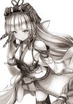  1girl bare_shoulders belt blunt_bangs braid breasts detached_sleeves erune eyeliner granblue_fantasy greyscale hair_ornament highres japanese_clothes kimono long_hair looking_at_viewer makeup monochrome nosuku pholia short_eyebrows side_braids skirt small_breasts solo thighhighs thighs very_long_hair 