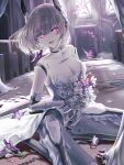  1girl bouquet breasts bug butterfly character_request church cleavage dress grey_dress grey_hair hair_ornament headgear highres holding holding_bouquet joints liv_(punishing:_gray_raven) mechanical_arms mechanical_legs nininininil official_alternate_costume open_mouth punishing:_gray_raven purple_eyes ringed_eyes robot_joints solo teeth upper_teeth_only 