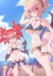  2girls bat_wings bikini bird blonde_hair breast_envy breasts cleavage demon_girl demon_tail demon_wings disgaea earrings etna_(disgaea) flat_chest highres jewelry large_breasts makai_senki_disgaea_2 multiple_girls navel necklace peg_leg penguin pointy_ears prinny red_eyes red_hair rozalin skull_earrings smile strail_cycleman swimsuit tail twintails wings 