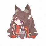  1girl amagi-chan_(azur_lane) animal_ear_fluff animal_ears azur_lane ball bangs bare_shoulders bell black_legwear blunt_bangs brown_hair brown_tail chibi closed_mouth commentary_request eyebrows_visible_through_hair fox_ears fox_tail full_body hair_intakes holding holding_ball japanese_clothes kendama kimono long_hair mokezi multiple_tails off-shoulder_kimono off_shoulder pantyhose purple_eyes red_kimono rope shimenawa sidelocks simple_background smile solo standing tail thick_eyebrows twintails white_background wide_sleeves 