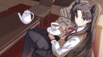  1girl black_hair black_pantyhose black_ribbon black_skirt blue_eyes blush brown_vest collared_shirt commentary couch cup fate/stay_night fate_(series) feet_out_of_frame from_side hair_ribbon highres holding holding_cup holding_plate indoors long_hair long_sleeves looking_at_viewer neck_ribbon official_alternate_costume on_couch pantyhose parted_bangs parted_lips plate red_ribbon ribbon school_uniform shirt sidelocks sitting sketch skirt solo tea teacup teapot tohsaka_rin tsurime vest white_shirt yanagi_marie 