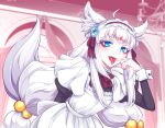  1girl animal_ears blue_eyes bow fang fox_ears fox_girl fox_tail highres hime_cut indie_virtual_youtuber kotonoha_yukino long_hair long_sleeves maid maid_headdress snowflakes tagme tail tatsubon tongue tongue_out virtual_youtuber white_hair 