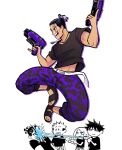  1girl 3boys black_hair chibi chibi_inset dual_wielding fushiguro_megumi highres holding holding_water_gun itadori_yuuji jitome jujutsu_kaisen jumping kugisaki_nobara male_focus midair midriff_peek multiple_boys pants retro_(syntheticks) scar scar_across_eye short_hair sideburns smile solo_focus toned toned_male toudou_aoi_(jujutsu_kaisen) undercut upper_body water_gun x_x 