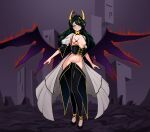  1girl black_corset black_hair black_nails black_pants black_pasties breasts corset cross_facial_mark cross_pasties full_body grin groin highres hiiragi_utena horns long_hair looking_at_viewer low_wings lowleg lowleg_pants magia_baiser mahou_shoujo_ni_akogarete medium_breasts navel pants pasties showgirl_skirt shrug_(clothing) smaragdus smile solo standing star-shaped_pupils star_(symbol) symbol-shaped_pupils white_shrug wings yellow_horns 