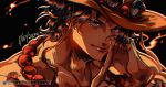  1boy black_background black_hair close-up fire freckles hat highres instagram_username jewelry looking_ahead male_focus necklace one_piece orange_headwear portgas_d._ace solo twitter_username vanxllavina 