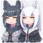  2girls :| animal_ear_fluff animal_ears bangs bead_necklace beads black_hair black_jacket blunt_bangs border chromatic_aberration closed_mouth eyebrows_visible_through_hair eyeliner fox_ears fox_girl grey_background highres jacket jewelry jitome kuro_(kuro_kosyou) kuro_kosyou long_hair makeup multiple_girls necklace open_mouth original ribbon_trim shawl shiro_(kuro_kosyou) siblings sidelocks simple_background thick_eyebrows twins upper_body white_border white_hair white_jacket yellow_eyes zipper 