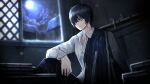  1boy bags_under_eyes black_coat black_eyes black_hair black_pants closed_mouth coat coat_partially_removed collared_shirt game_cg highres limbus_company long_sleeves male_focus moon moonlight nai_ga night official_art pants project_moon scar scar_on_face scar_on_hand scar_on_neck shirt short_hair sitting solo white_shirt wing_collar yi_sang_(project_moon) 