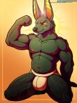 2024 absurd_res anthro anubian_jackal anubis areola black_body black_fur bulge canid canine canis clothed clothing deity egyptian_mythology flexing flexing_bicep fur hi_res jackal jockstrap jockstrap_only kneeling kovar looking_at_viewer male mammal middle_eastern_mythology mythology solo topless underwear underwear_only