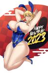  1girl 2023 absurdres altronage animal_ears armpits artoria_pendragon_(fate) artoria_pendragon_(lancer)_(fate) blonde_hair breasts chinese_zodiac fake_animal_ears fate/grand_order fate_(series) full_body green_eyes happy_new_year highres huge_breasts leotard new_year playboy_bunny rabbit_ears rabbit_pose rabbit_tail solo tail thick_thighs thighs year_of_the_rabbit 