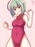  1girl alternate_costume artist_logo bob_cut breasts brown_eyes china_dress chinese_clothes covered_navel cowboy_shot dated dress flexing green_hair grin inverted_bob kanon_(kurogane_knights) kantai_collection looking_at_viewer medium_breasts multicolored_hair one-hour_drawing_challenge pink_background purple_hair red_dress short_hair simple_background smile solo streaked_hair take_(kancolle) v-shaped_eyebrows 