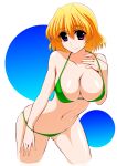  1girl adjusting_clothes adjusting_swimsuit bikini blonde_hair breasts cleavage closed_mouth commentary cowboy_shot cropped_legs engo_(aquawatery) green_bikini halterneck large_breasts leaning_forward looking_at_viewer lowleg lowleg_bikini lyrical_nanoha purple_eyes shamal short_hair smile solo standing string_bikini swimsuit white_background 