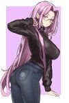 1girl absurdres ass black_sweater blue_pants breasts denim ebora fate/stay_night fate_(series) forehead glasses highres jeans large_breasts long_hair long_sleeves looking_at_viewer looking_back medusa_(fate) medusa_(rider)_(fate) pants parted_bangs purple_eyes purple_hair sidelocks solo sweater very_long_hair 