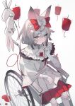  1girl animal_ears aqua_eyes bandaged_arm bandages blood blood_bag blush bow commentary_request dress drinking grey_background hair_bow hand_up highres medium_hair on_chair original rabbit red_bow simple_background sitting solo wakuseiy wheelchair white_dress 