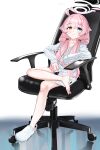  1girl absurdres ahoge blue_archive blush chair collarbone crocs full_body hair_between_eyes halo haoma highres hoshino_(blue_archive) long_hair long_sleeves open_mouth pink_hair pink_halo shirt sitting solo white_footwear white_shirt yellow_eyes 