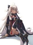  1girl absurdres ahoge arm_guards black_coat breasts cleavage_cutout clothing_cutout coat dark_skin dark_skinned_female dress fate/grand_order fate_(series) high_collar highres large_breasts long_hair okita_souji_(alter)_(fate) okita_souji_(fate)_(all) red_dress short_dress signature sitting solo white_hair woogi 