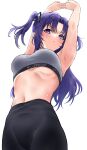  1girl armpits arms_up black_pants blue_archive blue_eyes closed_mouth commentary_request grey_sports_bra highres lds_(dstwins97) long_hair looking_at_viewer midriff navel pants purple_hair simple_background solo sports_bra sweat two_side_up white_background yoga_pants yuuka_(blue_archive) 