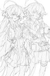  2girls copyright_request cowboy_shot gek3y greyscale long_hair monochrome multiple_girls open_mouth sketch skirt smile standing uniform 