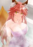  1girl animal_ears breasts cleavage closed_mouth commentary engo_(aquawatery) fate/grand_order fate_(series) fox_ears large_breasts long_hair looking_at_viewer naked_towel pink_hair sitting smile solo stream tamamo_(fate) tamamo_no_mae_(fate/extra) towel yellow_eyes 