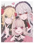  3girls black_hairband blonde_hair blue_hairband bow brown_hairband closed_mouth commentary_request crown dot_nose frilled_hairband frills genderswap genderswap_(mtf) green_eyes hair_bow hairband half-heart_hands heart heart_hands kuzuha_(nijisanji) makaino_ririmu makaino_ririmu_(5th_costume) mini_crown multicolored_hair multiple_girls nijisanji one_eye_closed p_kotai parted_lips pink_eyes pink_hair pointy_ears red_bow red_eyes sanya_(kuzuha) streaked_hair tongue tongue_out uzuki_kou uzuki_kou_(4th_costume) v virtual_youtuber white_hair 