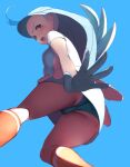  1girl ahoge blue_background blue_headwear blush breasts commentary_request elite_four from_below gloves grey_eyes kahili_(pokemon) kneehighs light_blue_hair long_hair looking_down mole mole_under_eye open_mouth orange_legwear panties pokemon pokemon_(game) pokemon_sm shirt short_sleeves simple_background skirt solo suion_25.c teeth tongue underwear visor_cap 