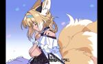  1girl animal_ears arknights blonde_hair blue_headband braid closed_eyes dress fox_ears fox_girl fox_tail headband infection_monitor_(arknights) mixed-language_commentary multiple_tails omochi_kuitai oripathy_lesion_(arknights) profile suzuran_(arknights) tail translation_request white_dress 