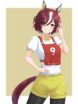  1girl animal_ears black_pantyhose bob_cut brown_background brown_hair commentary cowboy_shot ear_ornament eyepatch grin gym_shirt gym_shorts gym_uniform hand_on_own_hip highres horse_ears horse_girl horse_tail kemuri_(etep3372) looking_at_viewer multicolored_hair pantyhose pantyhose_under_shorts race_bib shirt short_hair short_sleeves shorts smile smirk solo standing streaked_hair t-shirt tail tanino_gimlet_(umamusume) translated two-tone_hair umamusume white_hair white_shirt yellow_eyes yellow_shorts 