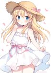  1girl :o bare_arms bare_shoulders blonde_hair blue_eyes blush brown_headwear collarbone commission dress frilled_dress frills hair_between_eyes hand_up hat highres izuminanase long_hair original parted_lips petals pink_ribbon ribbon simple_background skeb_commission sleeveless sleeveless_dress solo straw_hat sundress twitter_username very_long_hair white_background white_dress 