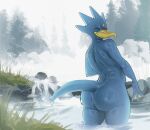 2024 ambiguous_gender anatid anseriform anthro anthrofied avian beak big_butt biped bird blue_body blue_feathers butt detailed_background eyes_closed feathers forehead_gem generation_1_pokemon golduck grass hi_res hot_spring membrane_(anatomy) nintendo nude outside painted_background partially_submerged plant pokemon pokemon_(species) pokemorph poskapaints smile solo standing tail tree water webbed_hands wet wet_body yellow_beak